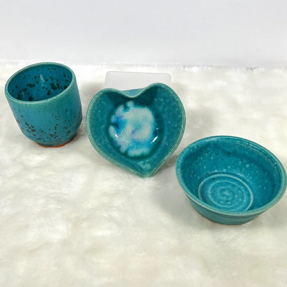 NC Handmade Pottery Trinket Dish Small Bowl and Drinking Mug Handcrafted Bundle